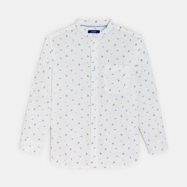 قميص بياقة "ماو" مُزيَّن برسوم، باللون الأبيض للفتيان.